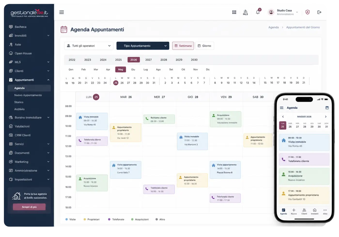 Agenda appuntamenti immobiliare con vista calendario settimanale su desktop e smartphone