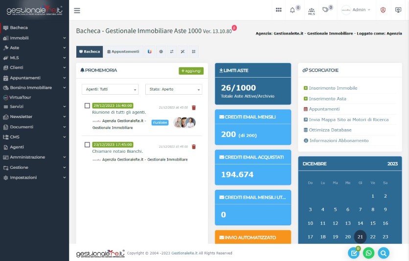 Dashboard del gestionale immobiliare